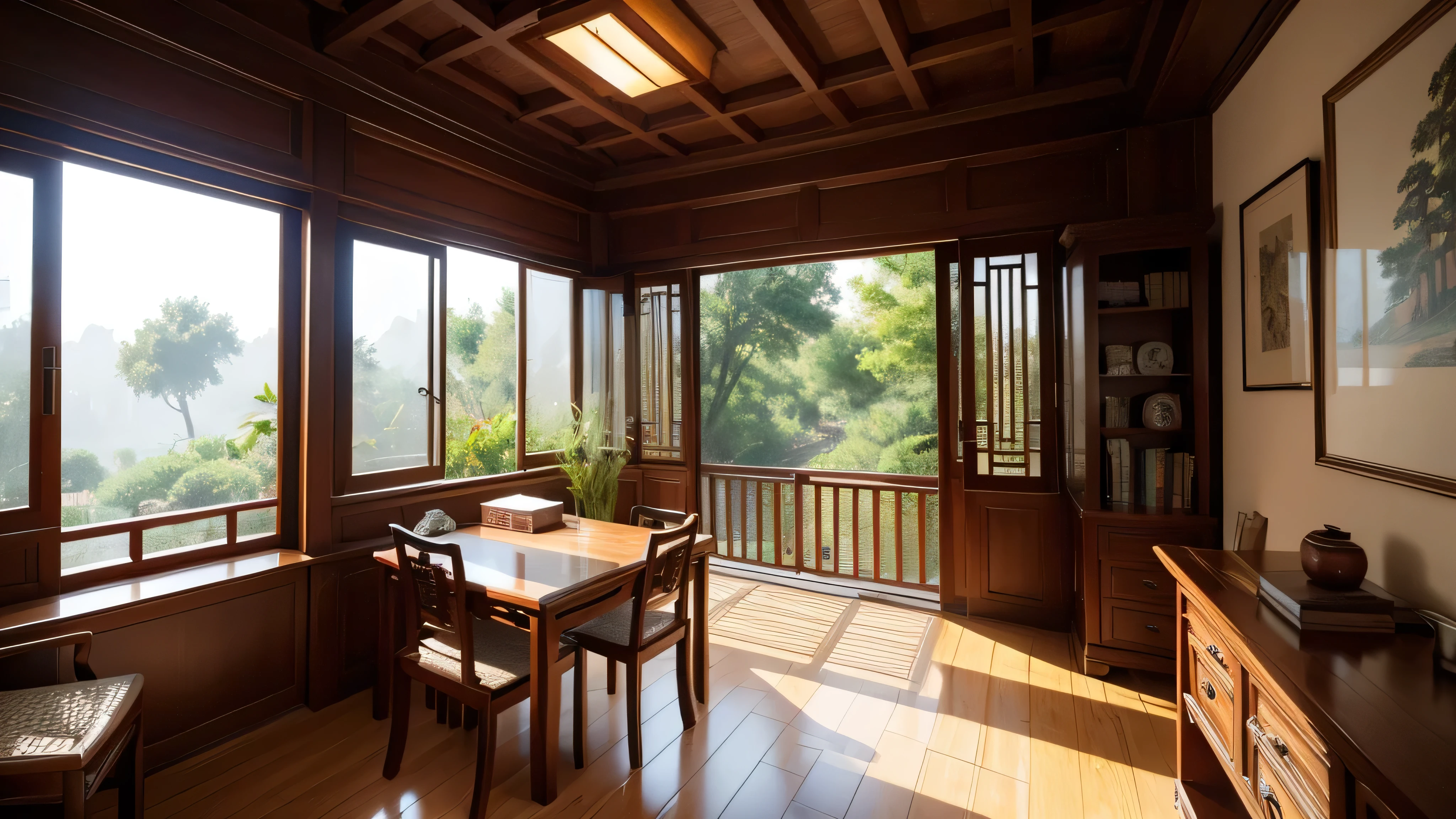 This is a horizontal version 16:9 Realistic paintings,A study room with a full bookshelf as the background wall,There is a Chinese-style desk in front of the bookshelf.,On both sides of the desk are three Huanghuali armchairs for the host and the guest respectively.,Sunlight shines through the window into the house,Make your home as bright as the outdoors。Through the window you can see the unique Jiangnan garden outside。