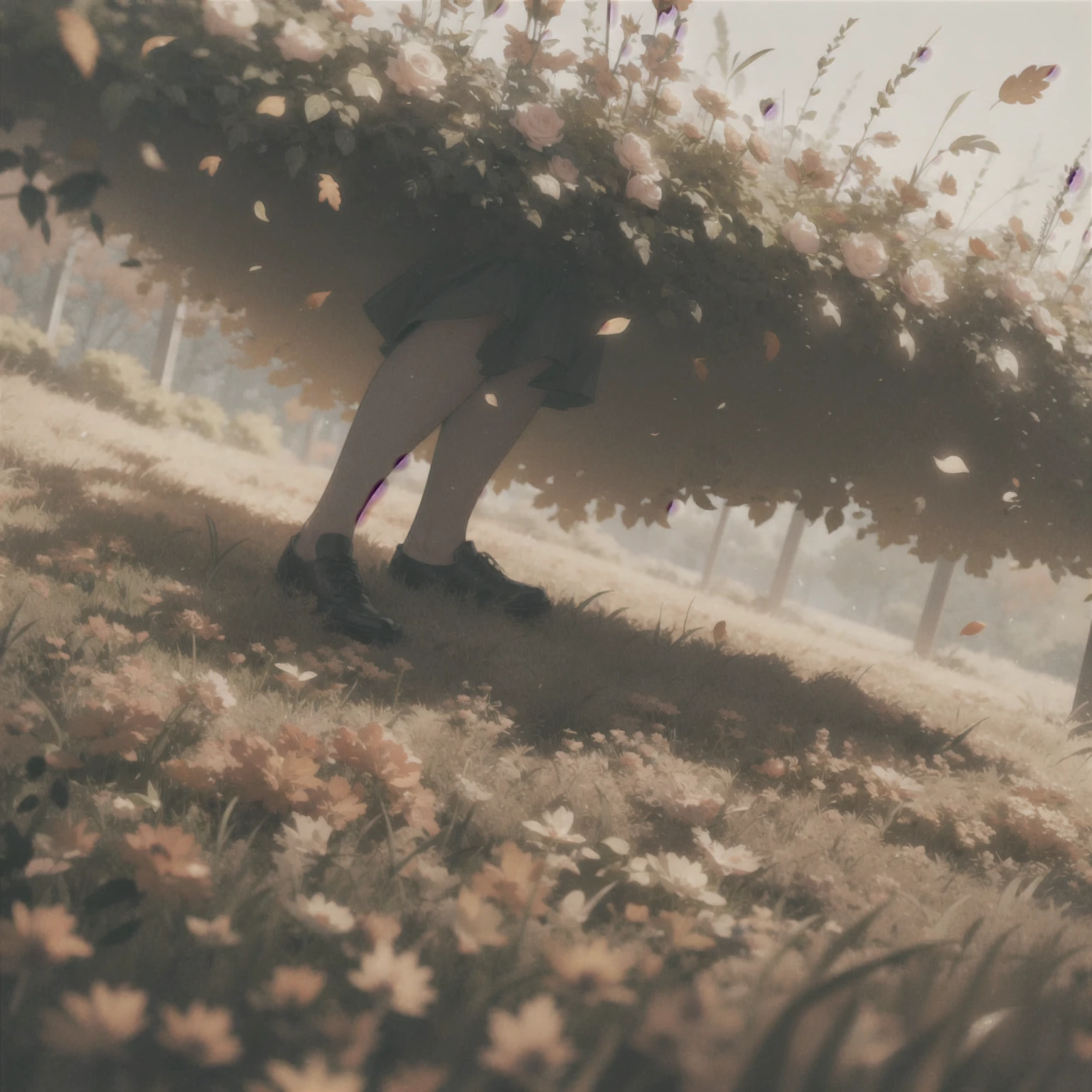 A melancholic autumn scene in a vast flower field,a gentle breeze rustling through the dry grass,fallen leaves scattered among the flowers, a bittersweet atmosphere, a moment of quiet contemplation,1girl,long hair,white_skirt, high-waist_shorts, outfit ,roses,(dynamic angle:1.1),vivid,Soft and warm color palette, delicate brushwork, evocative use of light and shadow, wide shot,subtle details in the wilting flowers,high contrast,color contrast,