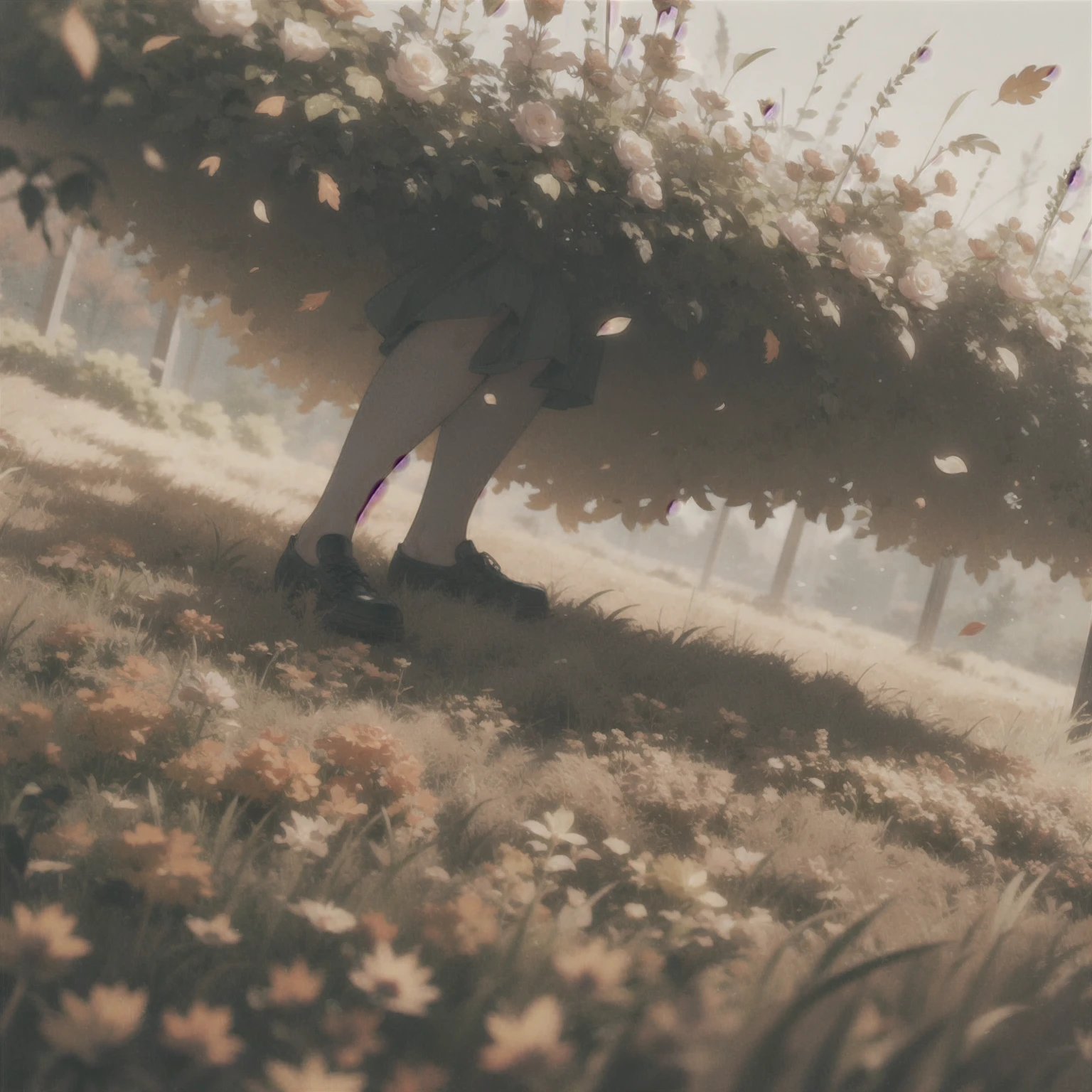 A melancholic autumn scene in a vast flower field,a gentle breeze rustling through the dry grass,fallen leaves scattered among the flowers, a bittersweet atmosphere, a moment of quiet contemplation,1girl,long hair,white_skirt, high-waist_shorts, outfit ,roses,(dynamic angle:1.1),vivid,Soft and warm color palette, delicate brushwork, evocative use of light and shadow, wide shot,subtle details in the wilting flowers,high contrast,color contrast,