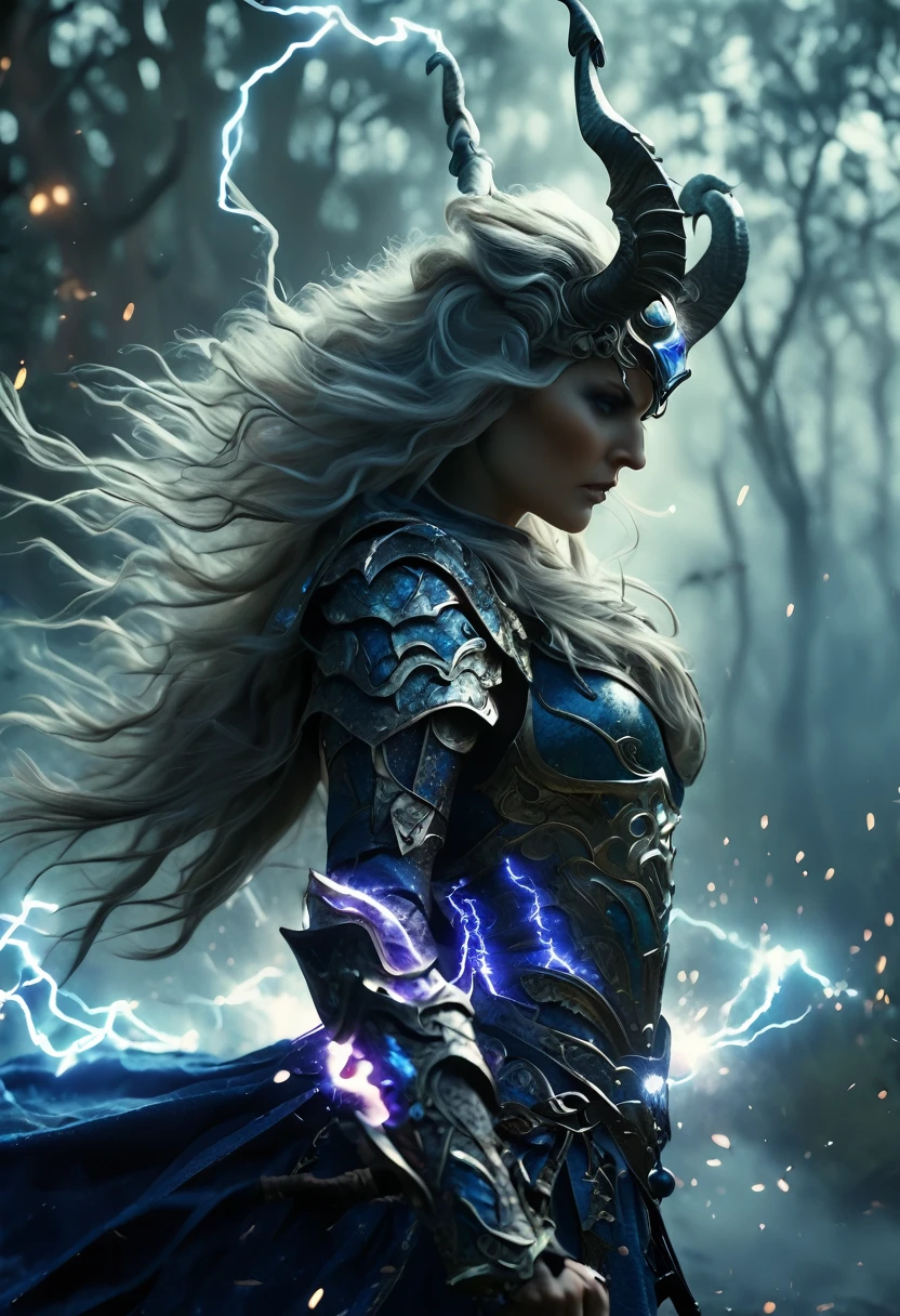 (Best Quality, 4k, 8k, High, Masterpiece: 1.2), Very Detailed, (Realistic, Photorealistic, Photorealistic: 1.37), A female warrior, cosmic horror, a big sword, a helmet with horns. A female warrior in blue lightning armor. , Overwhelming violence and action aesthetic. Wild composition, big world, with a forest in the background