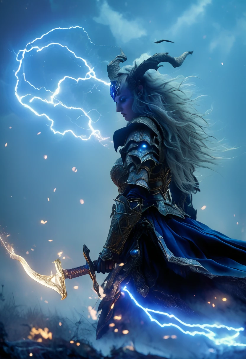(Best Quality, 4k, 8k, High, Masterpiece: 1.2), Very Detailed, (Realistic, Photorealistic, Photorealistic: 1.37), A female warrior, cosmic horror, a big sword, a helmet with horns. A female warrior in blue lightning armor. , Overwhelming violence and action aesthetic. Wild composition, big world, with a forest in the background