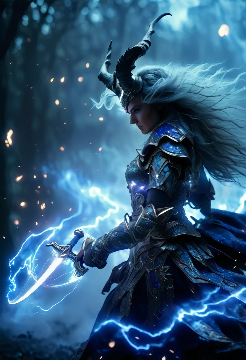(Best Quality, 4k, 8k, High, Masterpiece: 1.2), Very Detailed, (Realistic, Photorealistic, Photorealistic: 1.37), A female warrior, cosmic horror, a big sword, a helmet with horns. A female warrior in blue lightning armor. , Overwhelming violence and action aesthetic. Wild composition, big world, with a forest in the background