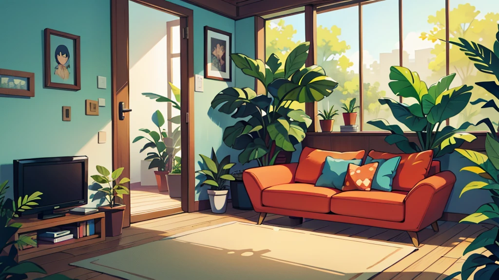 There is a living room, bright sunny, some plants