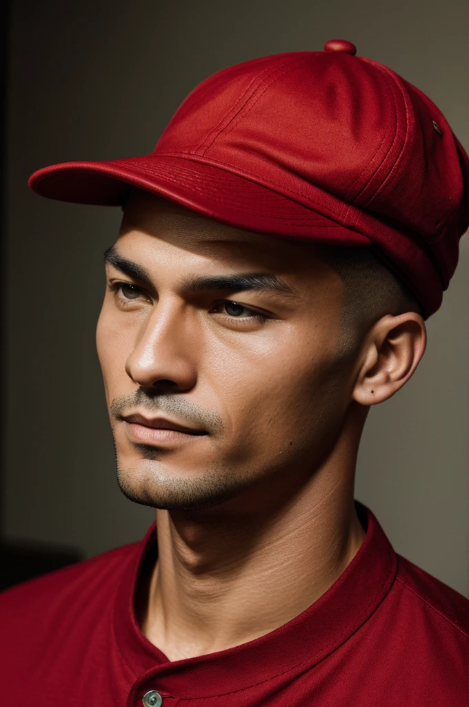 A man with a shaved haircut wearing a thich red jacnet and a cap.