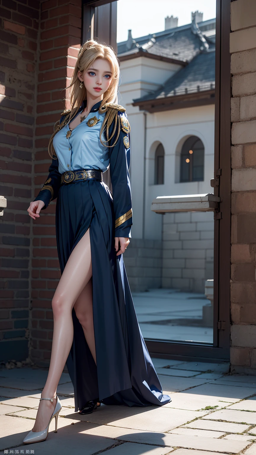 ((A policewoman standing in front of a brick wall))、(Salute),Highest quality work,Live-action work,Ultra Premium Graphics,8K HD CG Works,High Quality Graphics,High-definition CG works,10x pixels,Ultra-fine detail:1.1,High level of technical detail:1.1 Photorealistic,Natural light:1.5. Lighting Effects(Virtual Lighting Effects:1. 8)、(Golden White Shorthair)、(Bob Hair)、Thin eyebrows、High nose、Nice red lips、Rose Cheek、Casual makeup face、Cute Face、Perfectly balanced face、Light-toned foundation。 A foundation that enhances the transparency of your skin。 ((female officer:1.5)),((Navy blue jacket with emblem on chest)),((Semi-transparent light blue blouse)),((Navy blue tight skirt))。40k, photograph, On the table, Highest quality, Rain Background, ((1.A girl with beautiful eyes and light hair, White skin, Mr.A Pose.((Medium chest::1.1)), Highest quality, On the table, Ultra-high resolution, (Real::1.4), RAWphotograph, (Perfect figure), (slim::1. 3), Slim abdomen, Perfect slim figure, Dynamic Pose, one person, Cold light 12000K, Fine face and skin texture, Fine grain, Realistic eyes, Beautiful fine grain, (real skin), charm, Ultra-high resolution, surreal, Very fine,Long legs、High heels、(Smile)、(I see white panties、