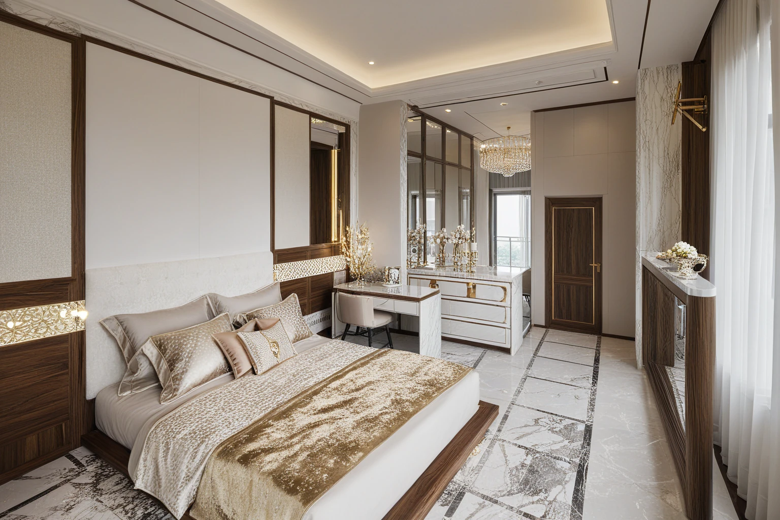 ,Masterpiece, Best quality,8K, Ultra-high resolution,When you step into the ( bedroom : 1.1) ,Immediately surrounded by a rich atmosphere of luxury. The space  was covered with a soft white fluffy blanket,It is so comfortable,So much so that you can't help but indulge in it。Embellished with precious porcelain and white-off gold ornaments。Whenever it is late afternoon,The afterglow from the window spilled on the floor,Soft light and shadow are reflected,It was as if entering a dreamland. ((Wooden chair and table : 1.3)), ((COLUMN MIRROR : 1.3))