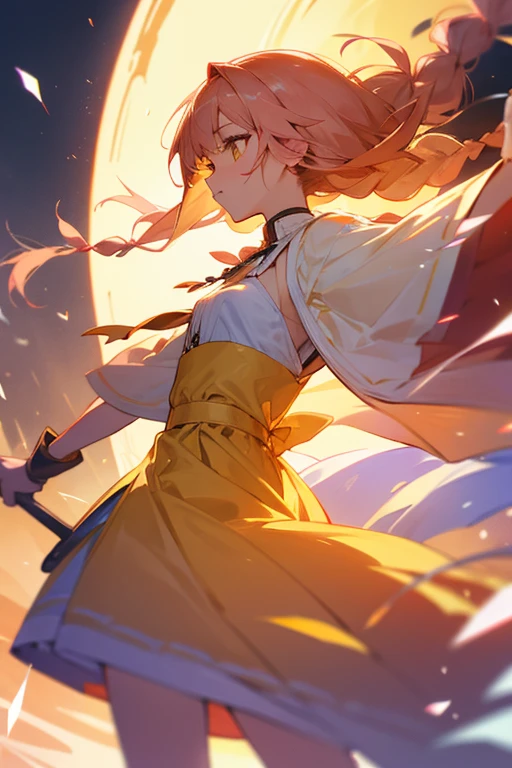 young woman, peach colored hair, two braids, yellow eyes, light purple dress, wind magic effect, Fan in hand