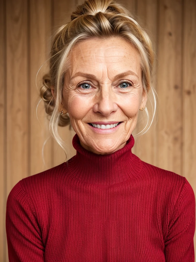 photo of a skinny very old wrinkly-faced faced mature blonde messy long hair thrown into a messy bun ponytail. She wears: (turtleneck soft high ribbed bright red super tight sweater:1.1), submissive seductive pose, high tight ribbed neck, seductive smile, perfect fake tits, horny eager granny, teasing sexy old lady