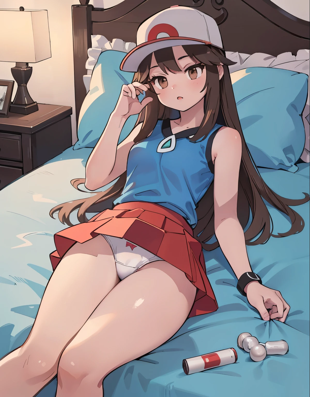 A sleeping girl on a cloud, lying down, full body, 1trainerleaf1, sleeveless shirt, black wristbands, visible thighs,thick thighs,red skirt,blue shirt, pantyshot, white panties, beautiful detailed eyes, brown eyes, beautiful detailed lips, extremely detailed face, long eyelashes, soft glowing skin, touching her hair, pokeballs on bed, hat, wive bottles on bed, beer bottles on bed, cigarrettes on bed, condoms, (best quality,4k,8k,highres,masterpiece:1.2),ultra-detailed,(realistic,photorealistic,photo-realistic:1.37),digital art, detailed illustration, dramatic lighting, warm glowing colors, cinematic lighting, dreamlike atmosphere