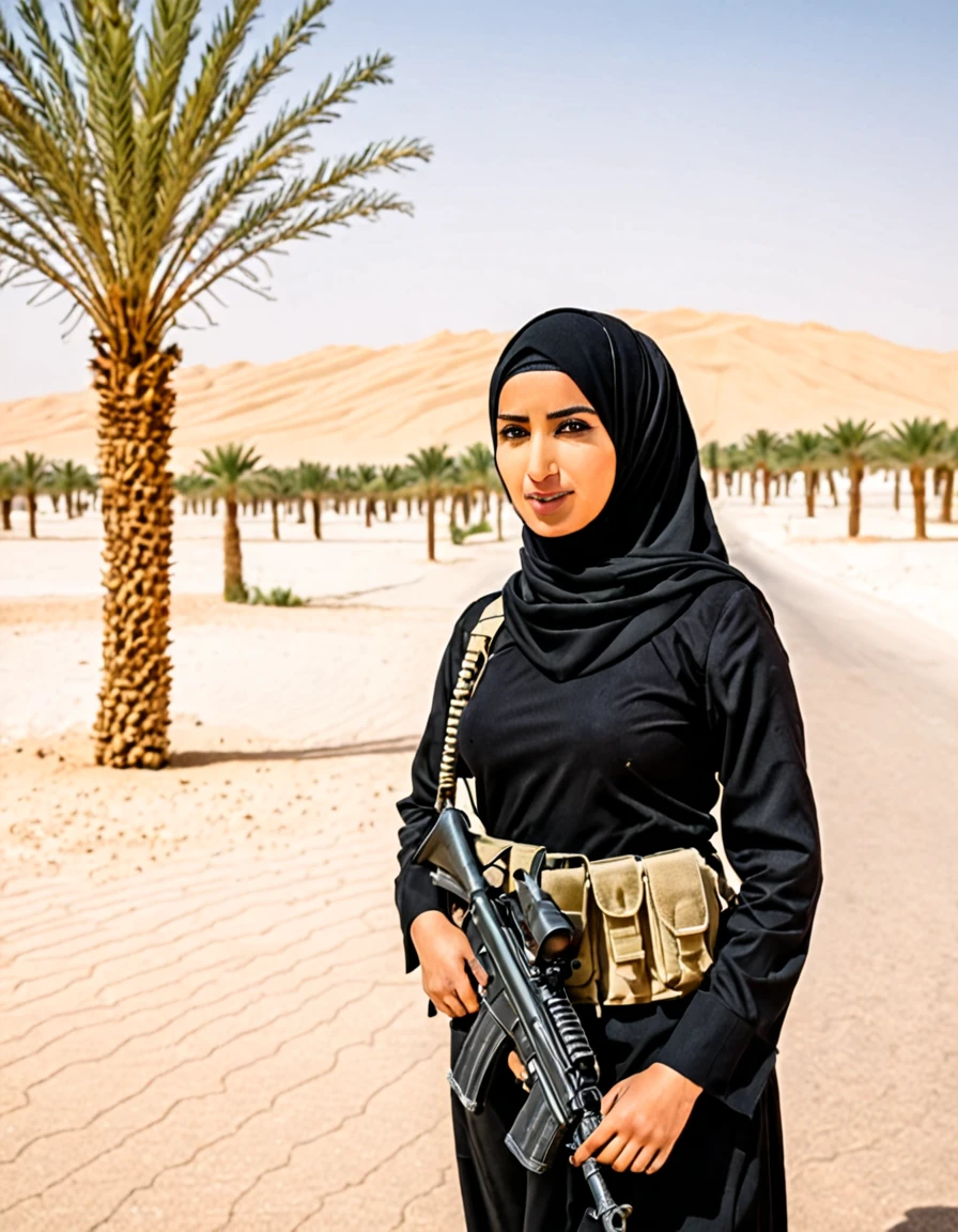 Arab woman in black short hijab as soldier in desert street portrait