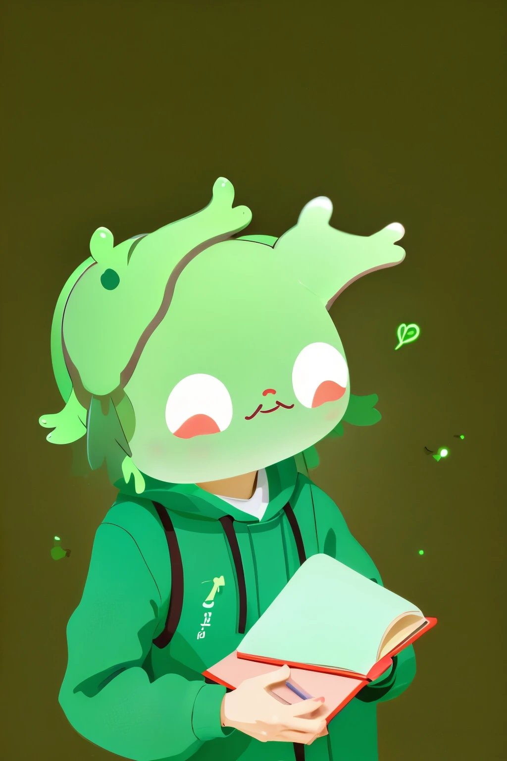 Kawaii green axolotl holding a notebook over his head