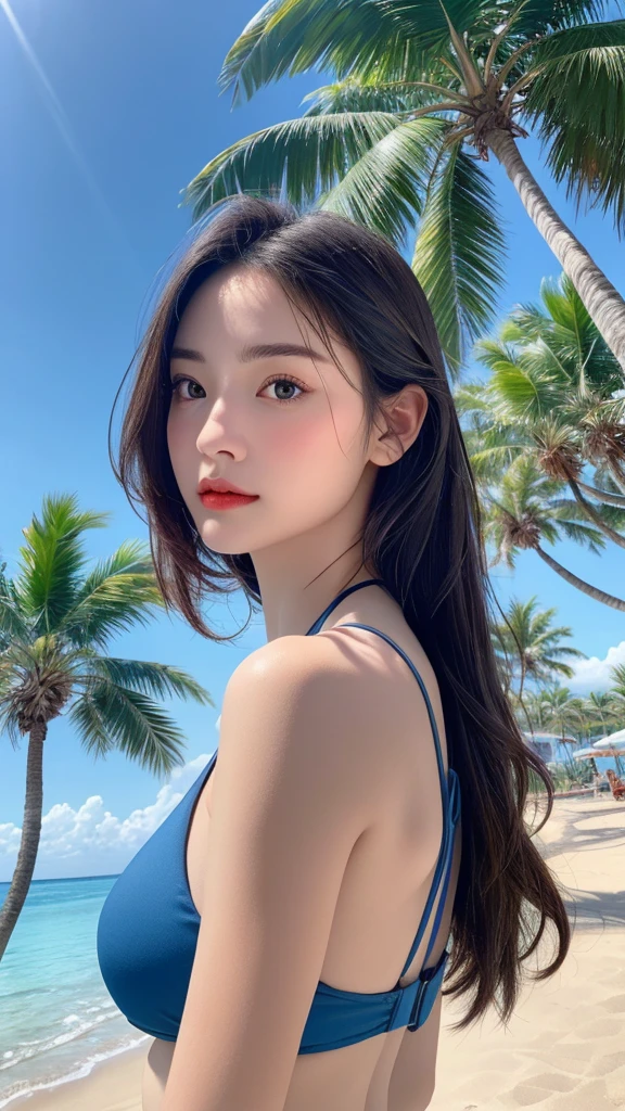(highest quality、8K、32k、masterpiece)、(RAW Photos)、(Realistic)、(High resolution)、Very detailed、Very beautiful face and eyes、1girl,Swimwear、Beach、blue sky、Palm tree、