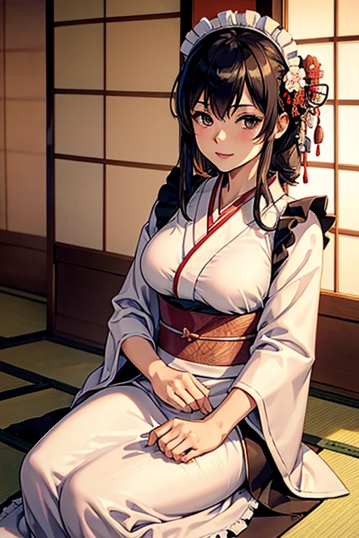 Mature Woman,(((Japanese style maid))),(((kimono,Maid clothes,Maid&#39;s Headband,garter belt,White Stockings))),(Detailed Description, High resolution，8k wallpaper，masterpiece，Highest quality,Depth of region,Anatomically accurate depiction,A face with attention to detail, Eye for detail,Nice hands, Perfect Fingers,eyelash,(Brightly glowing purple eyes,There is cleavage in the chest,Big Breasts),Perfect body,Depict the whole body,