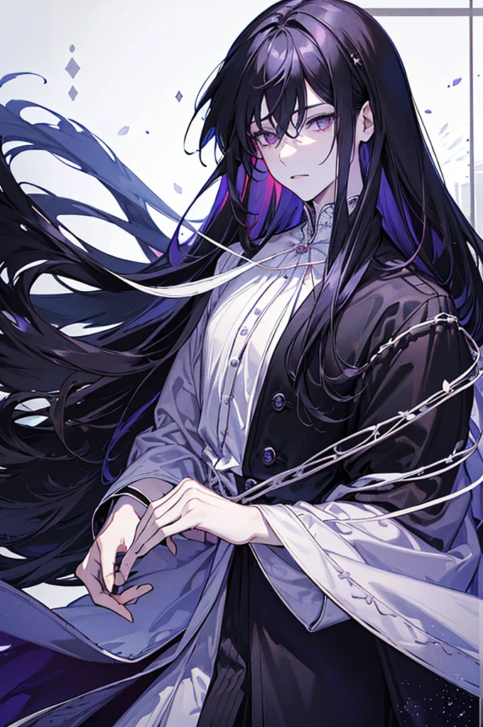 1boy, solo, adult, ((long dark-pearl hair)), long disheveled hair, (the pupil of the eye is black, the white of the eye is black), pale skin, thorny vines entwine the hair, graceful delicate facial features, dark purple aristocrat's clothes, black cloak covers his head