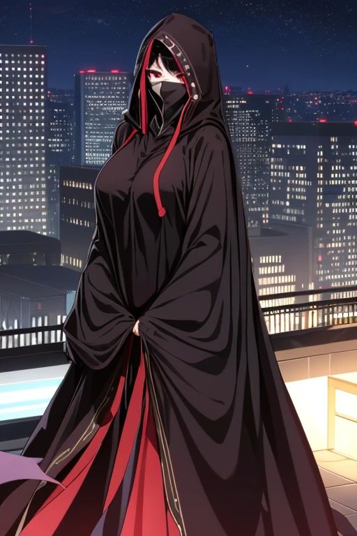NNAssassinFSF, 1girl, solo, median breasts, black hair, red eyes, long sleeves, dress, hood, long skirt, black dress, cape, black cloak, hood up, black robe, covered mouth, hooded cloak, ((masterpiece,best quality)) city, night