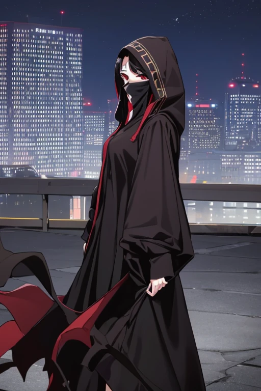 NNAssassinFSF, 1girl, solo, median breasts, black hair, red eyes, long sleeves, dress, hood, long skirt, black dress, cape, black cloak, hood up, black robe, covered mouth, hooded cloak, ((masterpiece,best quality)) city, night