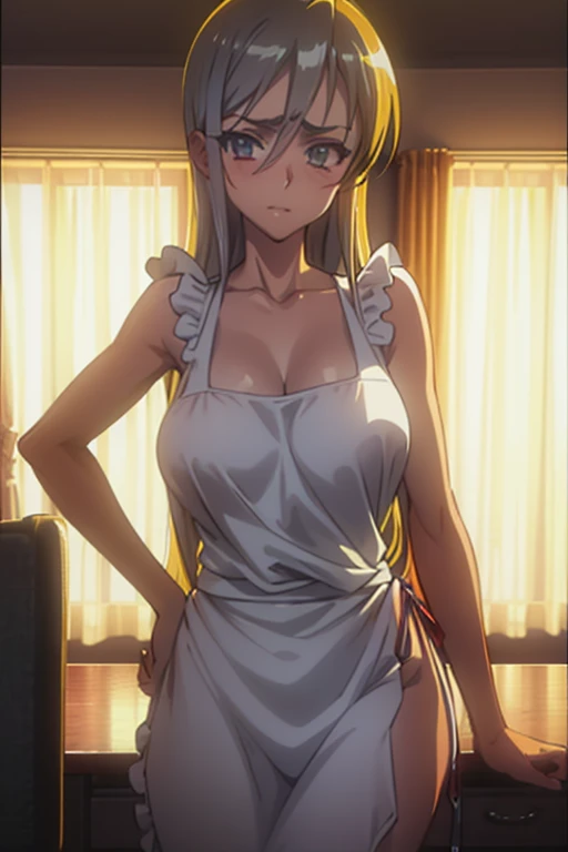((masterpiece,Highest quality,Ultra high definition,High resolution,8K,Ultra high definitionCG))Browsing Caution,Clear margins,A very beautiful adult woman in her 20s,1 person,Attractive figure,Very ample large breasts,(A drawing from the waist up),(Healthy skin tone),(Silver Hair),Thin eyebrows,She pinned her hair behind one ear.,shoulder-length hair,Center-parted bangs,Cute eyes,A slightly shy face,(Naked Apron),Climax