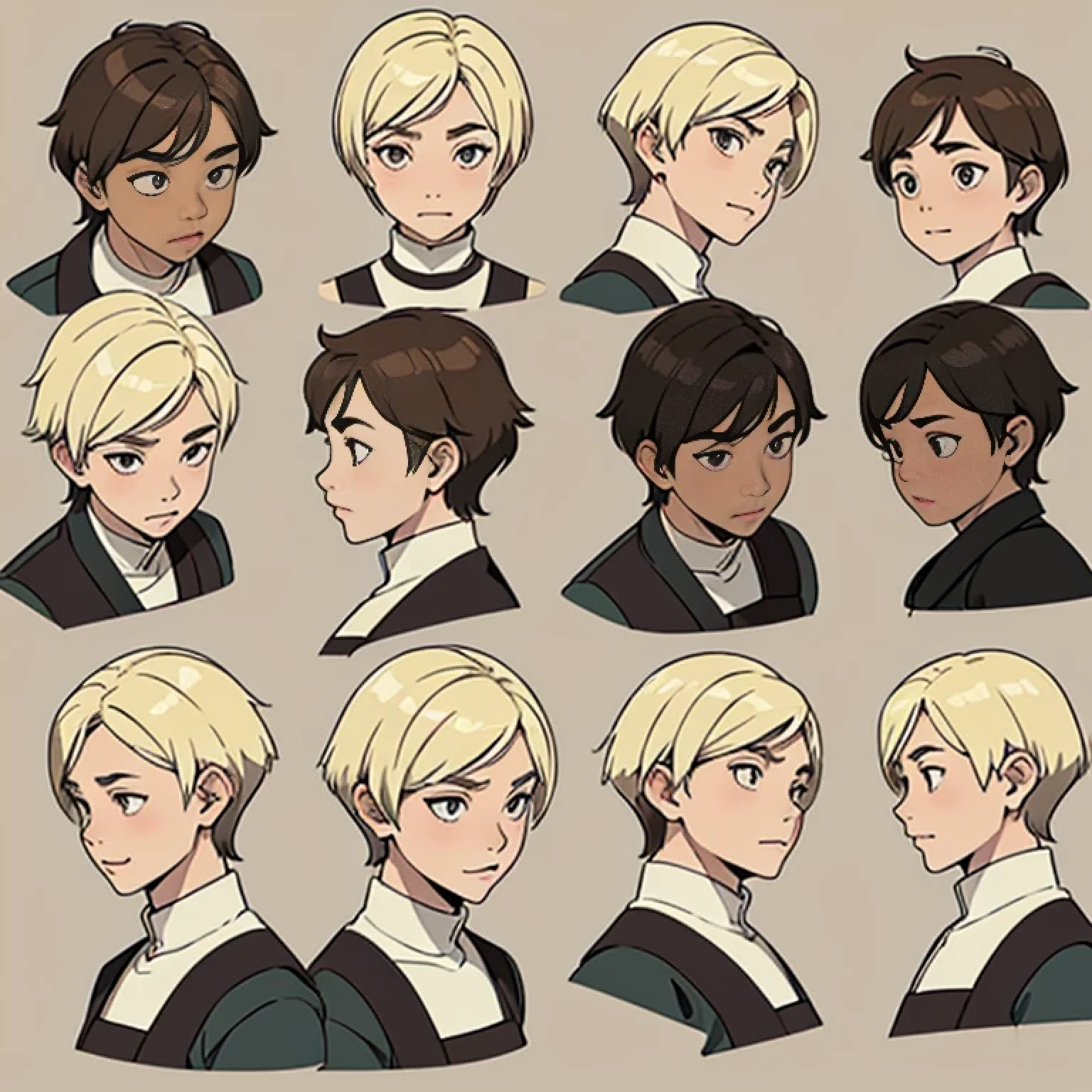 ((expressions sheet)), (simplified face portrait), (half-body), (solo), (1boy), His face is a mix of Asian and Western, Pixie cut hair style, blonde hair color, hazel eyes, big eyes, droopy eyebrows, small lips, medieval clothes, belts, villager, there is a burn on his neck 