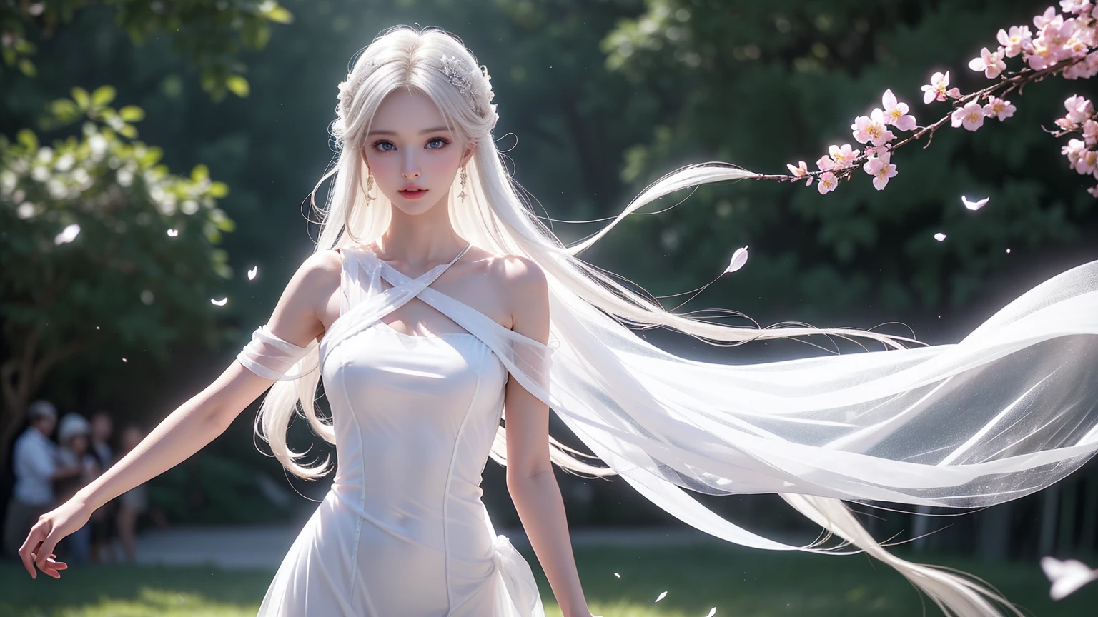 ((Full body image))((Representative works:1.5、8K、Portrait、Photo-realistic and very detailed CG、Very detailed、Particle Effects、Dynamic Effects、Written boundary depth、Cinematic Light、Lens flare、Ray Tracing、Tabletop、Realistic:1.4、Super A high resolution:1.2、Realistic、Realistic))((alone、(Woman in an off-the-shoulder semi-transparent white dress:1.4)、Model-like pose:、Side bust、Ample breasts、Detailed face、Bright expression、Young、Bright、White skin、Great looks、Ultimate beauty、shiny white hair:1.8、Bright shiny hair、Super long、Silky straight hair、Hair swaying in the wind))(Transparent flowers々Surrounded by、White background、The background is wonderful、Thin petals flutter down)