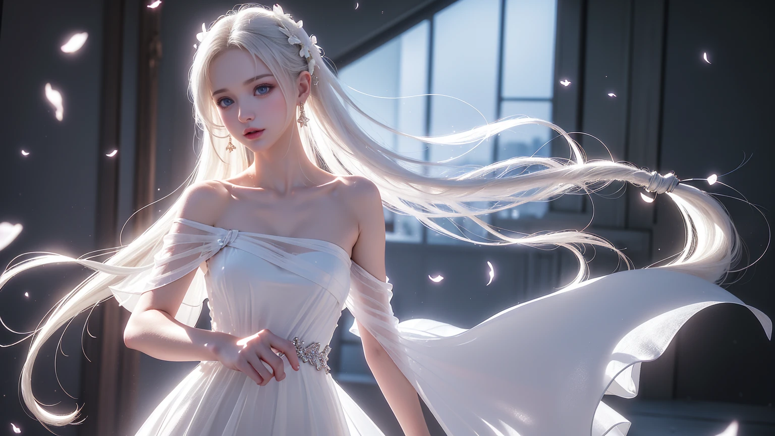 ((Full body image))((Representative works:1.5、8K、Portrait、Photo-realistic and very detailed CG、Very detailed、Particle Effects、Dynamic Effects、Written boundary depth、Cinematic Light、Lens flare、Ray Tracing、Tabletop、Realistic:1.4、Super A high resolution:1.2、Realistic、Realistic))((alone、(Woman in an off-the-shoulder semi-transparent white dress:1.4)、Model-like pose:、Side bust、Ample breasts、Detailed face、Bright expression、Young、Bright、White skin、Great looks、Ultimate beauty、shiny white hair:1.8、Bright shiny hair、Super long、Silky straight hair、Hair swaying in the wind))(Transparent flowers々Surrounded by、White background、The background is wonderful、Thin petals flutter down)