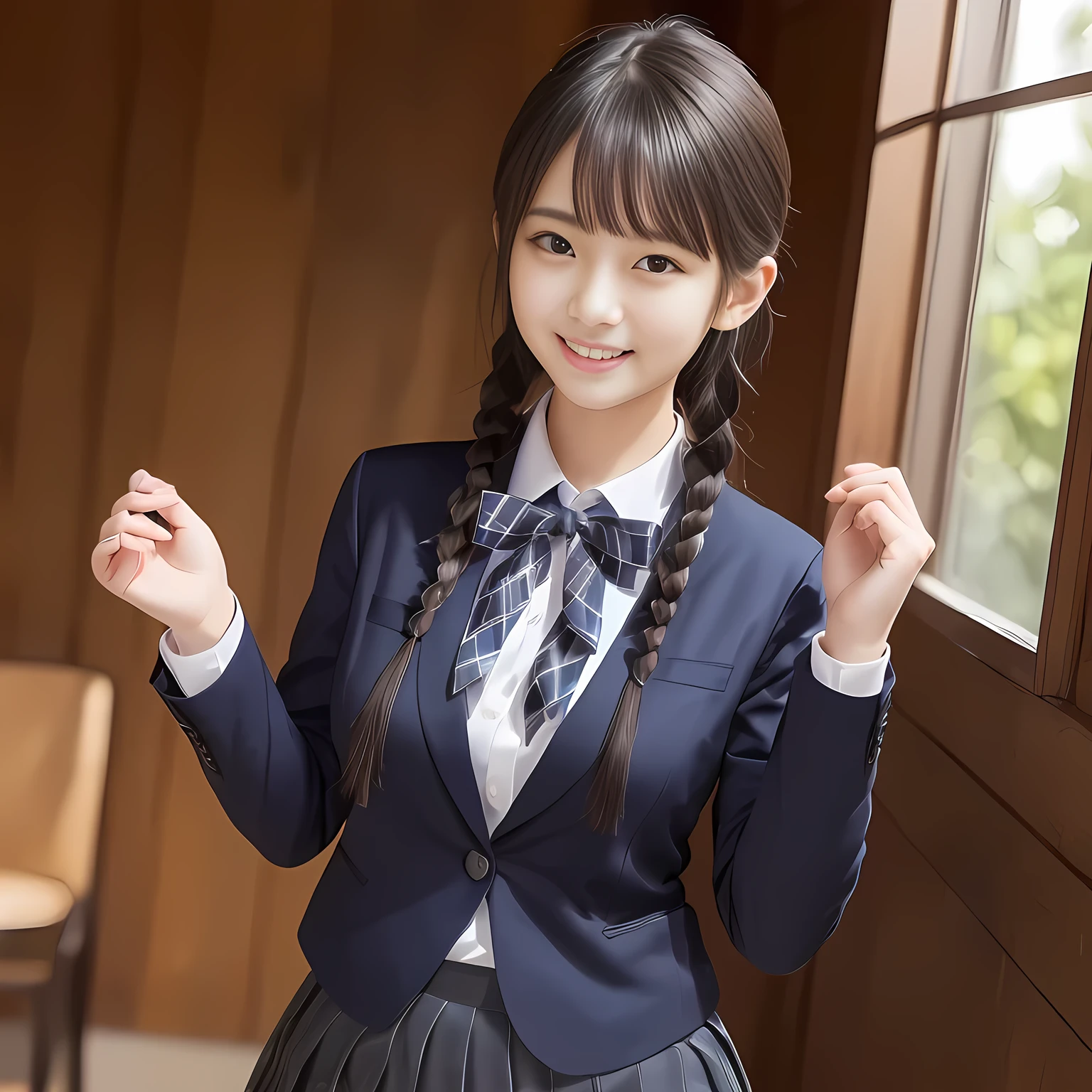 (highest quality, masterpiece:1.2), highest quality, High resolution, 1080P, 8K, Height: 158cm, ((Like a beautiful girl in my dreams、A very intelligent, very noble, pretty and pure beautiful girl.、With the best smile、Looking at the audience、Hands over their mouths, Realistic fashion model photos)), A face that everyone loves, ((((A plump, white, round face)))), Glossy lips, Even bangs, ((Very beautiful dark eyes)), The very large red shiny wide ribbon bowtie is very cute., ((Black Hair)), ((long twin braids)), (((A long, neat, dark navy blue checked pleated skirt))), (((Dark blue winter long sleeve blazer))), How to wear a neat uniform, Very lustrous, glossy lips, Open hand over open mouth, Ribbon in hair, slender, The ribbon is big and very pretty., Beautiful hair like a hair model, Long skirt, Watching the viewer and laughing, ((Incredibly beautiful face))