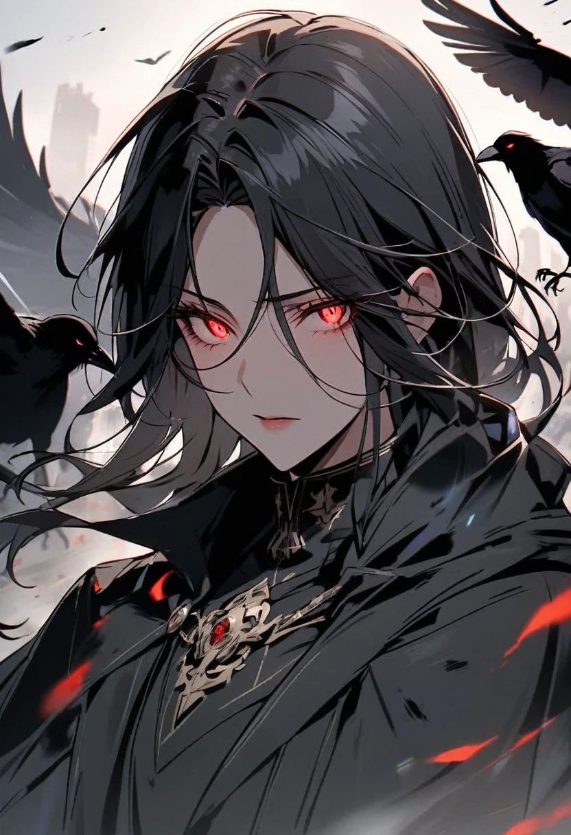 woman, vest, black cloak, red eyes, black hair, crow, glowing eyes, parted bangs, beautiful,  symbol of dealth