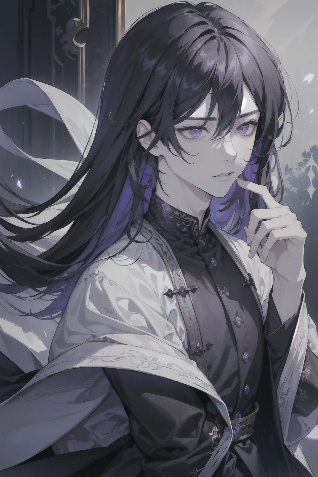 1boy, solo, adult, ((long dark-pearl hair)), long disheveled hair, (the pupil of the eye is black, the white of the eye is black), pale skin, thorny vines entwine the hair, graceful delicate facial features, dark purple aristocrat's clothes, black cloak covers his head