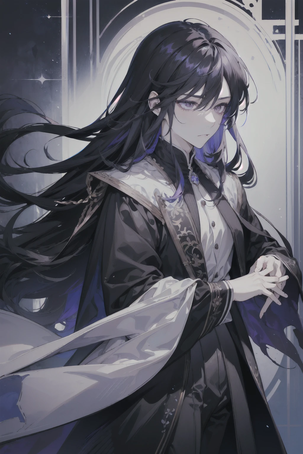 1boy, solo, adult, ((long dark-pearl hair)), long disheveled hair, (the pupil of the eye is black, the white of the eye is black), pale skin, thorny vines entwine the hair, graceful delicate facial features, dark purple aristocrat's clothes, black cloak covers his head