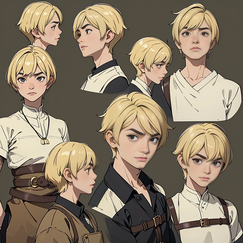 ((expressions sheet)), (simplified face portrait), (half-body), (solo), (1boy), His face is a mix of Asian and Western, Pixie cut hair style, blonde hair color, hazel eyes, big eyes, droopy eyebrows, small lips, medieval clothes, belts, villager, there is a burn on his neck 