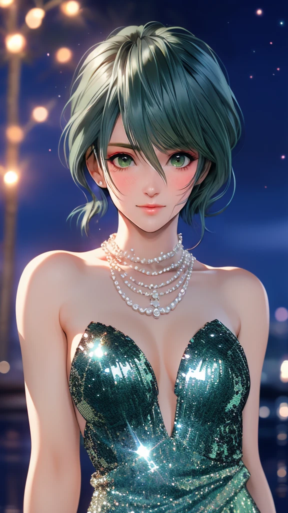 1woman, tamaki, green short hair, green eyes, hair between eyes, detailed eyes, Long eyelashes, (silver sequined dress:1.3), squinting, blush, night, Pearl Necklace, Close-up of face