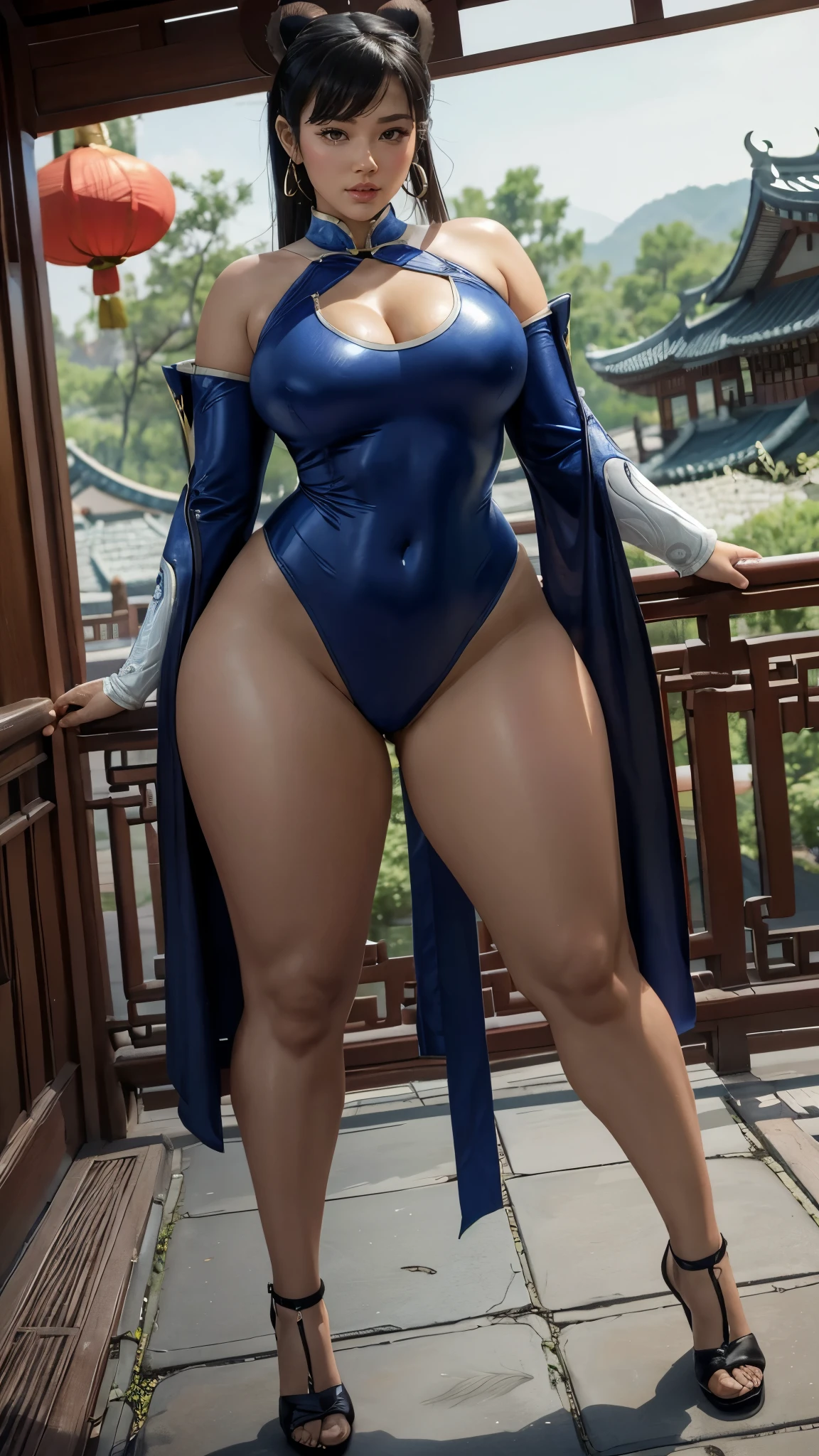 Chunli, wide hips, curvy, long legs, beautiful eyes, beautiful, full body, thick high, sexy chunli costum, pawg , long legs ,Chinese house background 