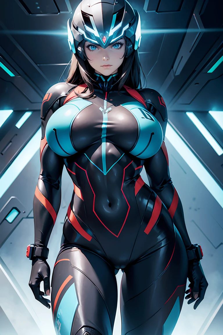 woman in muscular ai suit big tits metriod suit head helmet abs