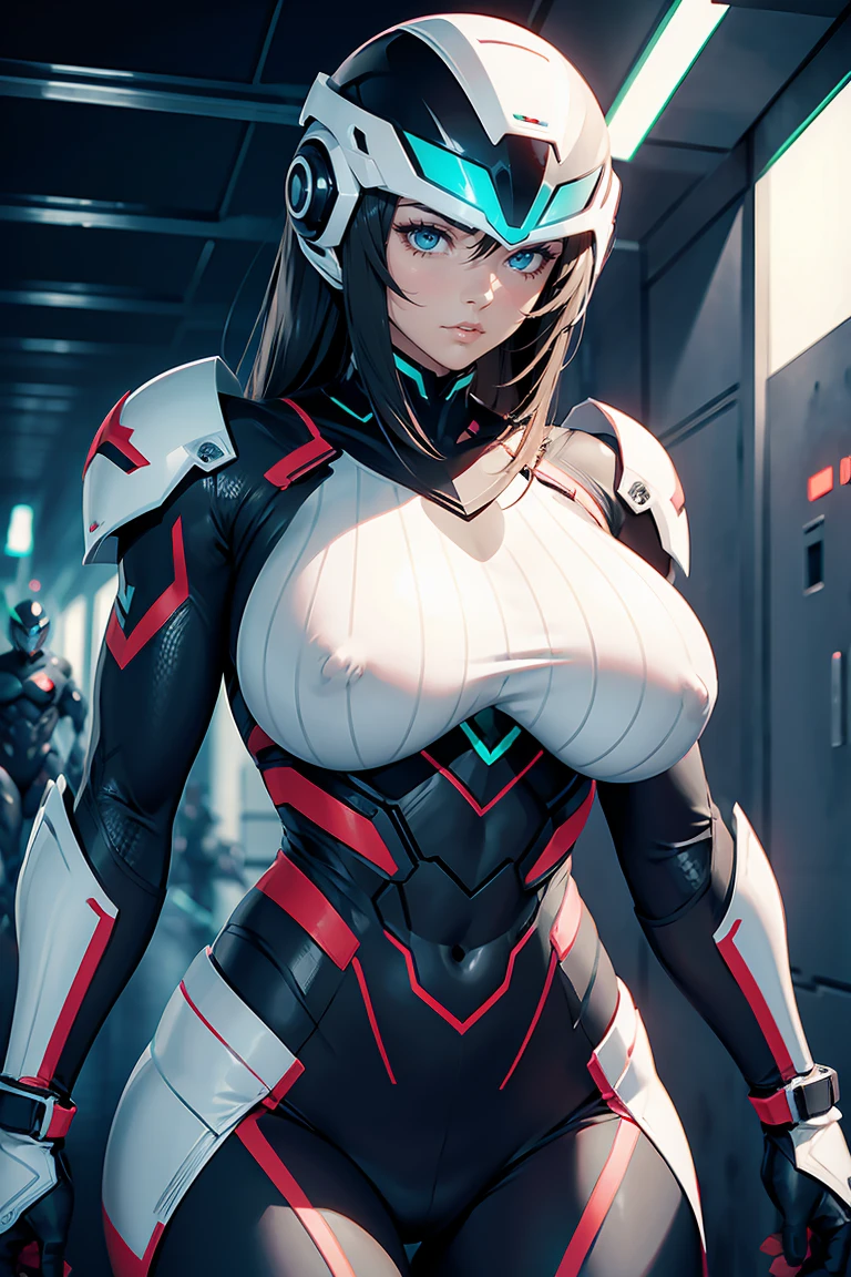 woman in muscular ai suit big tits metriod suit head helmet abs