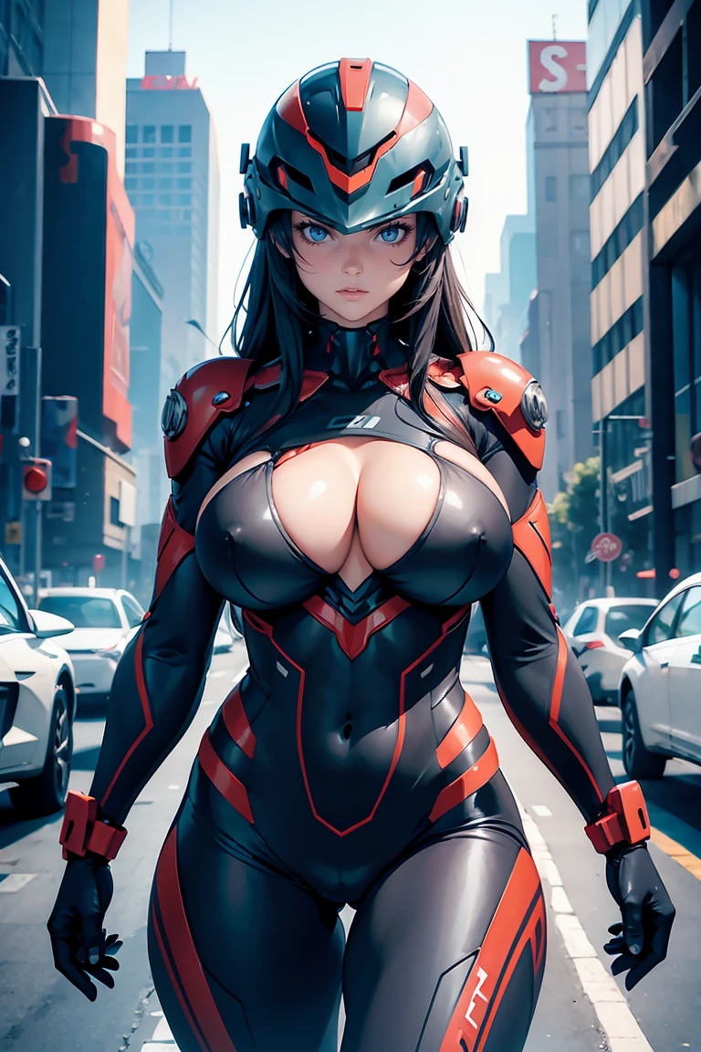 woman in muscular ai suit big tits metriod suit head helmet abs