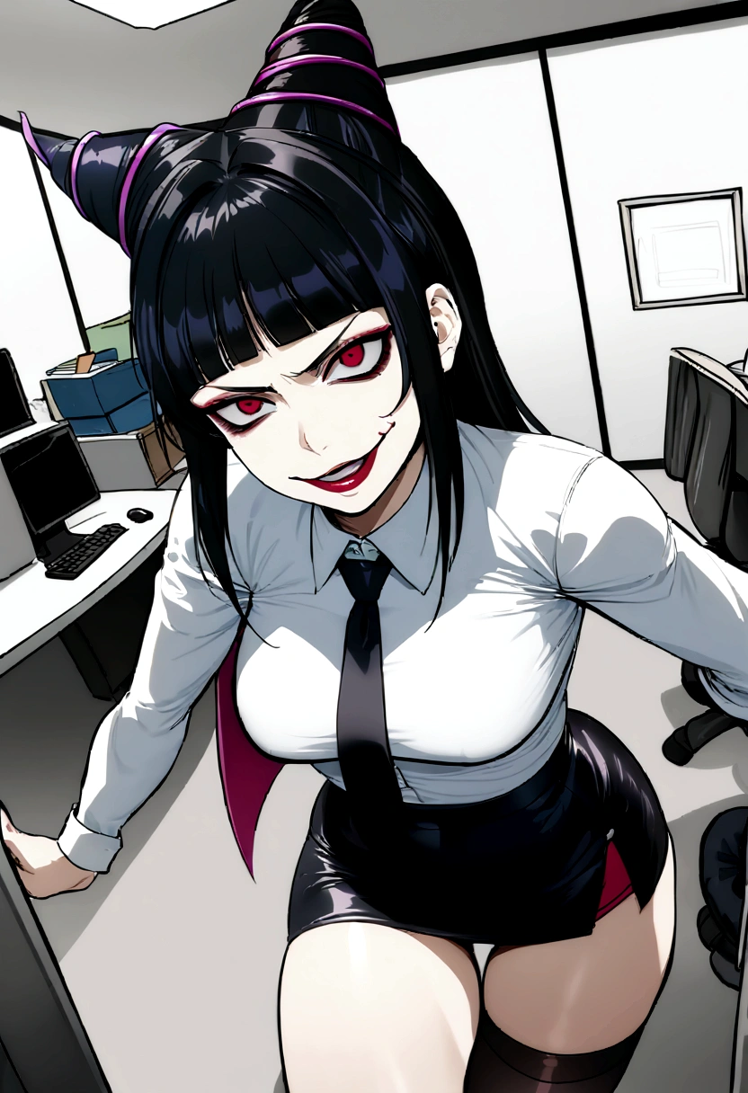 juri han, work of art, tight white secretary shirt with black tie, black high waist skirt, short skirt,stocking, black hair, black tights,evil smile,office,franja nos olhos,iluminação,chifre de cabelos,visão de cima,olhando para cima