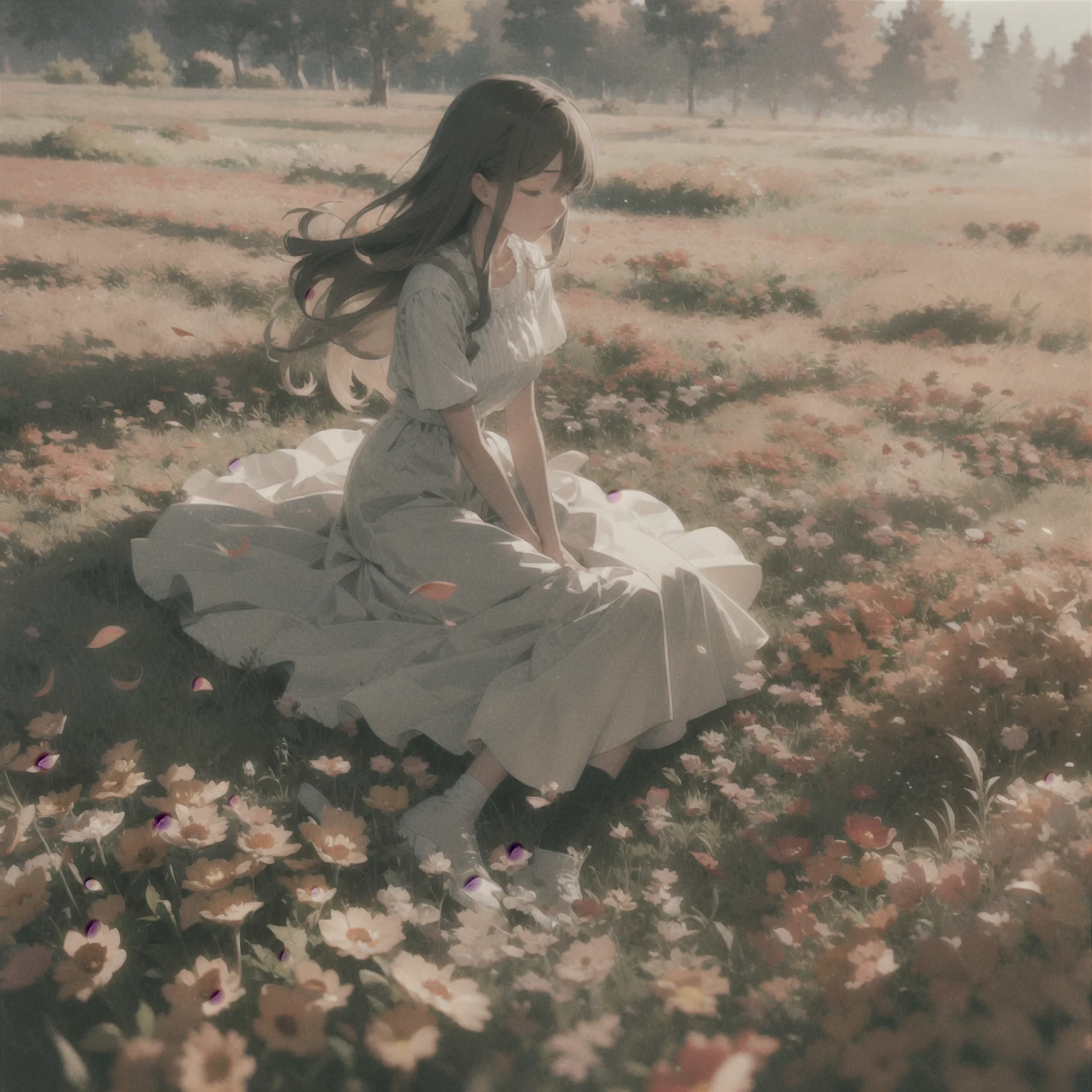 A melancholic autumn scene in a vast flower field,a gentle breeze rustling through the dry grass,fallen leaves scattered among the flowers, a bittersweet atmosphere, a moment of quiet contemplation,1girl,long hair,white_skirt, high-waist_shorts, outfit ,roses,(dynamic angle:1.1),vivid,Soft and warm color palette, delicate brushwork, evocative use of light and shadow, wide shot,subtle details in the wilting flowers,high contrast,color contrast,