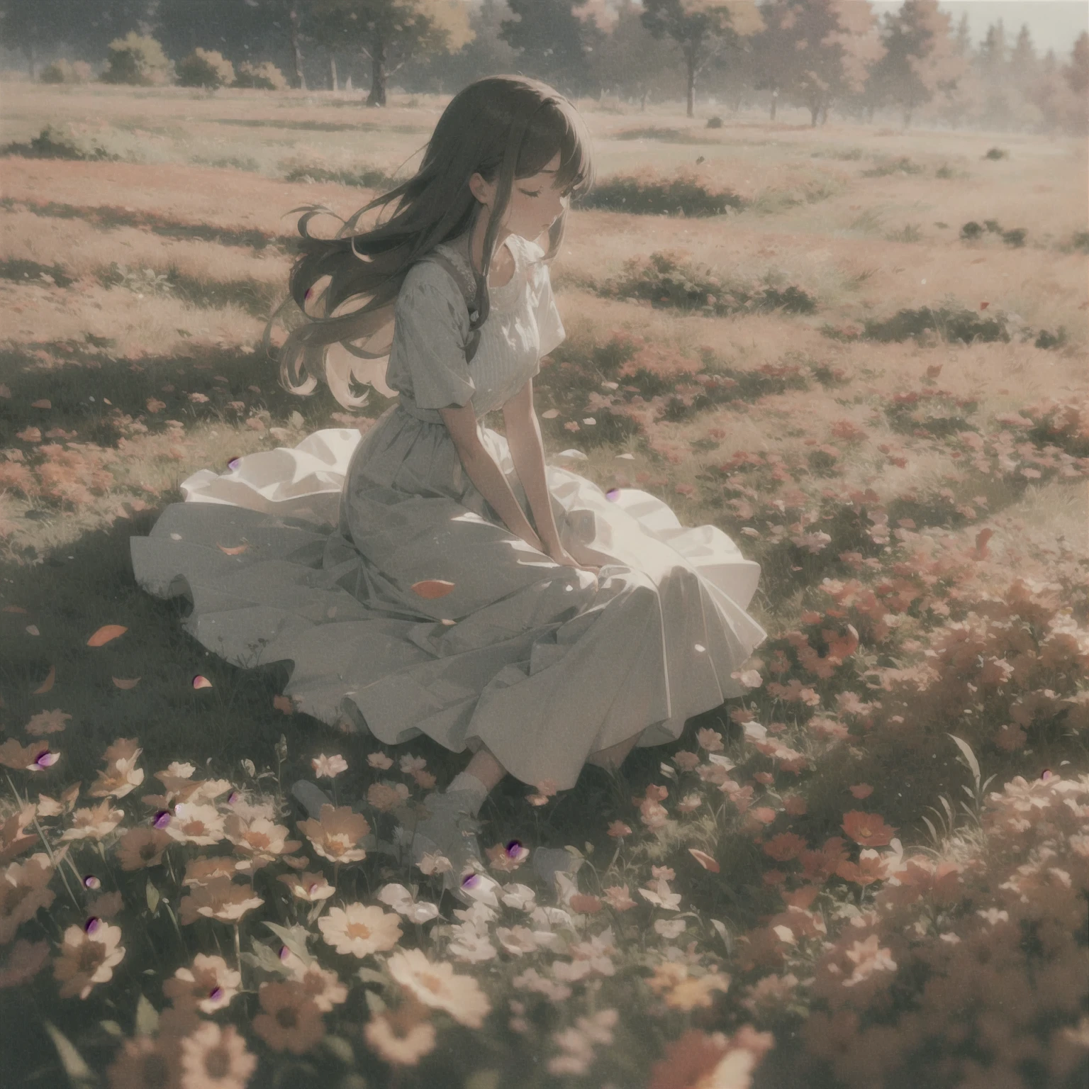 A melancholic autumn scene in a vast flower field,a gentle breeze rustling through the dry grass,fallen leaves scattered among the flowers, a bittersweet atmosphere, a moment of quiet contemplation,1girl,long hair,white_skirt, high-waist_shorts, outfit ,roses,(dynamic angle:1.1),vivid,Soft and warm color palette, delicate brushwork, evocative use of light and shadow, wide shot,subtle details in the wilting flowers,high contrast,color contrast,