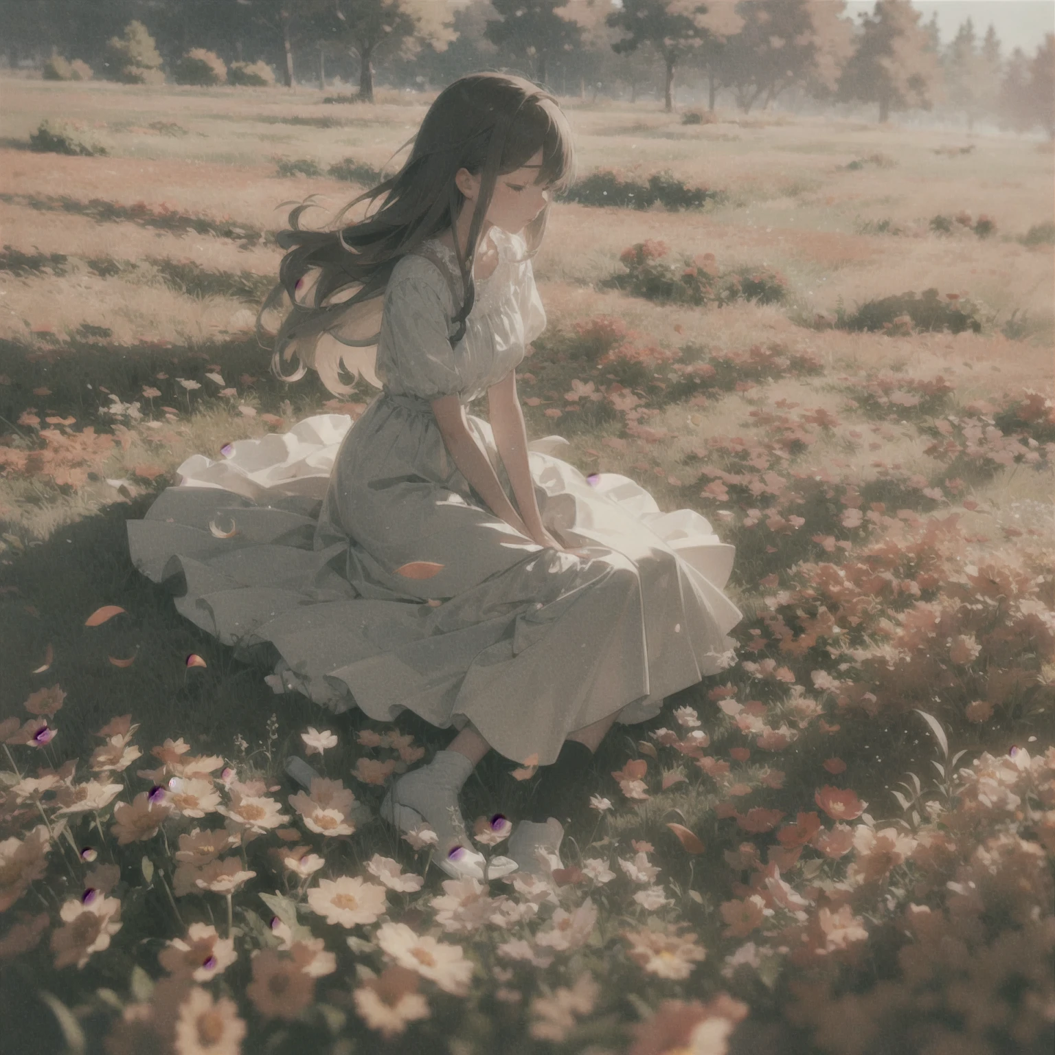 A melancholic autumn scene in a vast flower field,a gentle breeze rustling through the dry grass,fallen leaves scattered among the flowers, a bittersweet atmosphere, a moment of quiet contemplation,1girl,long hair,white_skirt, high-waist_shorts, outfit ,roses,(dynamic angle:1.1),vivid,Soft and warm color palette, delicate brushwork, evocative use of light and shadow, wide shot,subtle details in the wilting flowers,high contrast,color contrast,