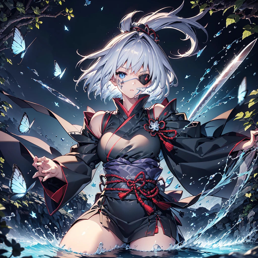 (((1 person Put on an eye patch Gray Hair Qinglong))) ((High resolution short hair Black kimono Shoulder Rin々Funny face knifeを胸の前で構える)) ((Black Band samurai Lonely despair blue目 Close-up)) ((blue蝶 night Japanese style old Shining Aura garden water surface Catch the wind blue)) (dance 日本knife knife Slashing) 月night moonlight star Draw your sword Shining Background Shining Edge
