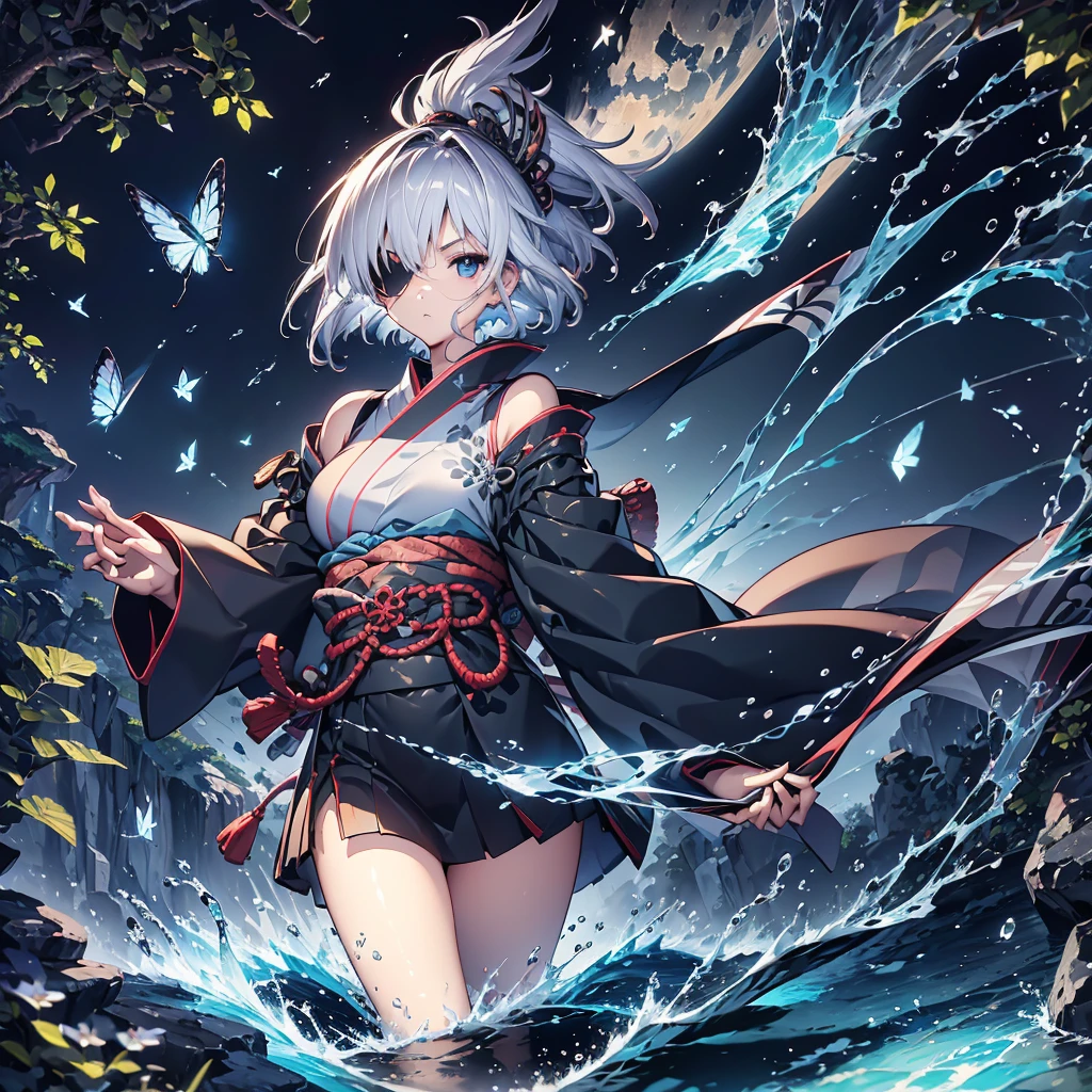 (((1 person Put on an eye patch Gray Hair Qinglong))) ((High resolution short hair Black kimono Shoulder Rin々Funny face knifeを胸の前で構える)) ((Black Band samurai Lonely despair blue目 Close-up)) ((blue蝶 night Japanese style old Shining Aura garden water surface Catch the wind blue)) (dance 日本knife knife Slashing) 月night moonlight star Draw your sword Shining Background Shining Edge