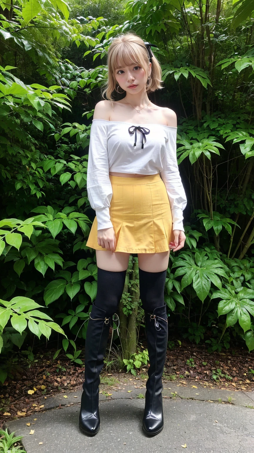 (8K、RAW Photos、Highest quality、masterpiece:1.2)、(Realistic、Photorealistic)、1 Girl、((forest、Off the shoulder、、Black Mini Skirt、Ribbon on chest、Blonde、Knee socks、boots、Big Breasts、Look forward、Are standing))、