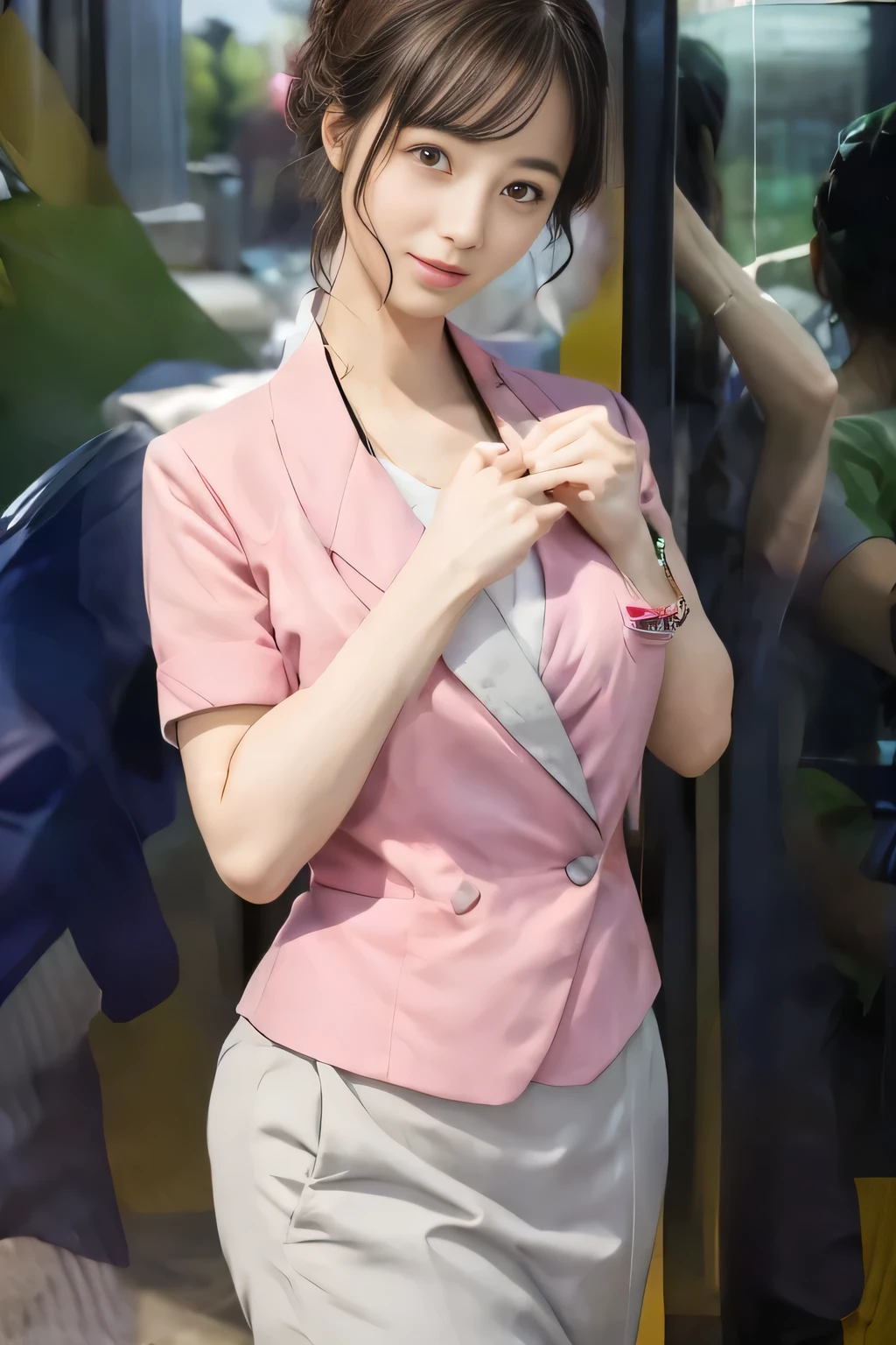 (masterpiece:1.2, Highest quality:1.2), 32k HDR, High resolution, (alone、1 girl)、 (Height: 160cm)、(On the rooftop of a building in the daytime、Professional Lighting)、Building rooftop background、(Nankai train crew uniform pinkを着たリアルスタイル)、(Nankai train crew uniform pink short sleeve collarless pink jacket、Nankai Train Crew Uniform Pink Collarless Short Sleeve Blouse、Nankai Train Crew Uniform Pink Grey Knee-length Culottes)、(The pink jacket is showing from the culottes.)、Dark brown hair、(Hair tied up、Hair tied up、Evening curly hairstyle)、Dark brown hair、Long Shot、Big Breasts、Thin legs、((Great hands:2.0)),((Harmonious body proportions:1.5)),((Normal limbs:2.0)),((Normal finger:2.0)),((Delicate eyes:2.0)),((Normal eyes:2.0)))、smile、(Nankai Train Crew Uniform Pink Grey Knee-length Culottesを見せた美しい歩く姿)、Place your hands around your stomach、Lanyard employee ID card