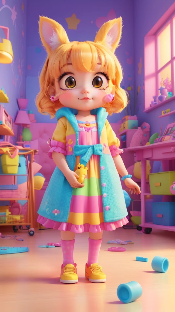Cartoon girl with toys and cat in the room, Cute 3d rendering, Cute numbers, rich and colorful! role conception, pixar Lovely characters design, Cute cartoon characters, Children's art on the art station, candypunk role conception, Lovely characters, commercial photo of toys, amy sol's style, Madeline from Celeste, Cute Pixar characters, Candy Girl, Animated Characters
