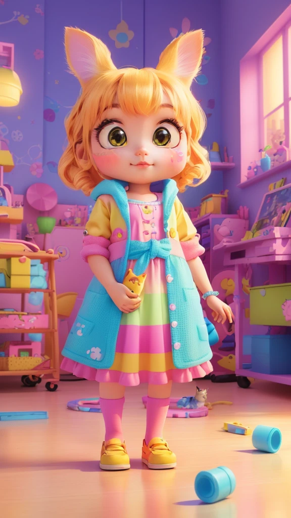 Cartoon girl with toys and cat in the room, Cute 3d rendering, Cute numbers, rich and colorful! role conception, pixar Lovely characters design, Cute cartoon characters, Children's art on the art station, candypunk role conception, Lovely characters, commercial photo of toys, amy sol's style, Madeline from Celeste, Cute Pixar characters, Candy Girl, Animated Characters