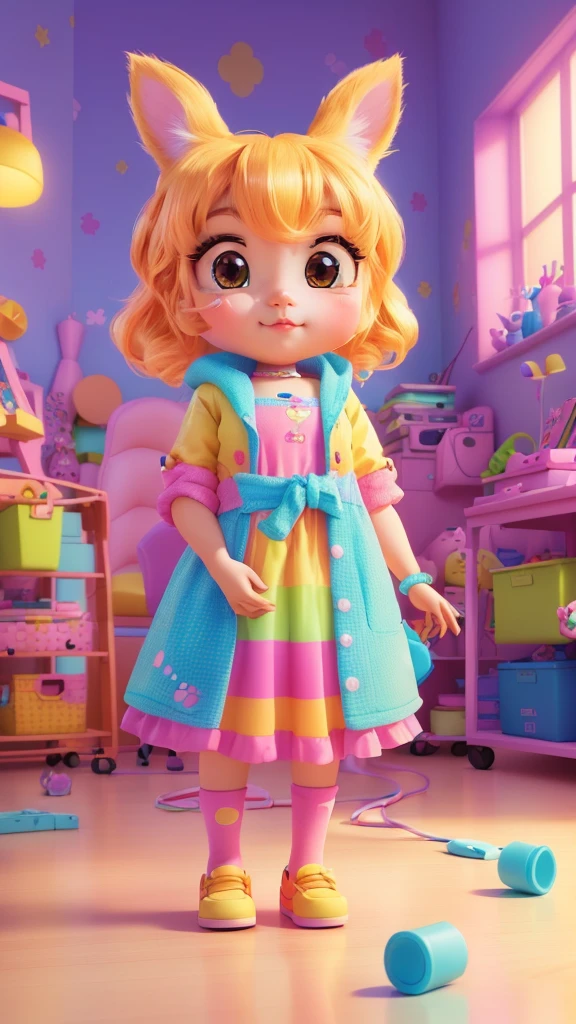Cartoon girl with toys and cat in the room, Cute 3d rendering, Cute numbers, rich and colorful! role conception, pixar Lovely characters design, Cute cartoon characters, Children's art on the art station, candypunk role conception, Lovely characters, commercial photo of toys, amy sol's style, Madeline from Celeste, Cute Pixar characters, Candy Girl, Animated Characters
