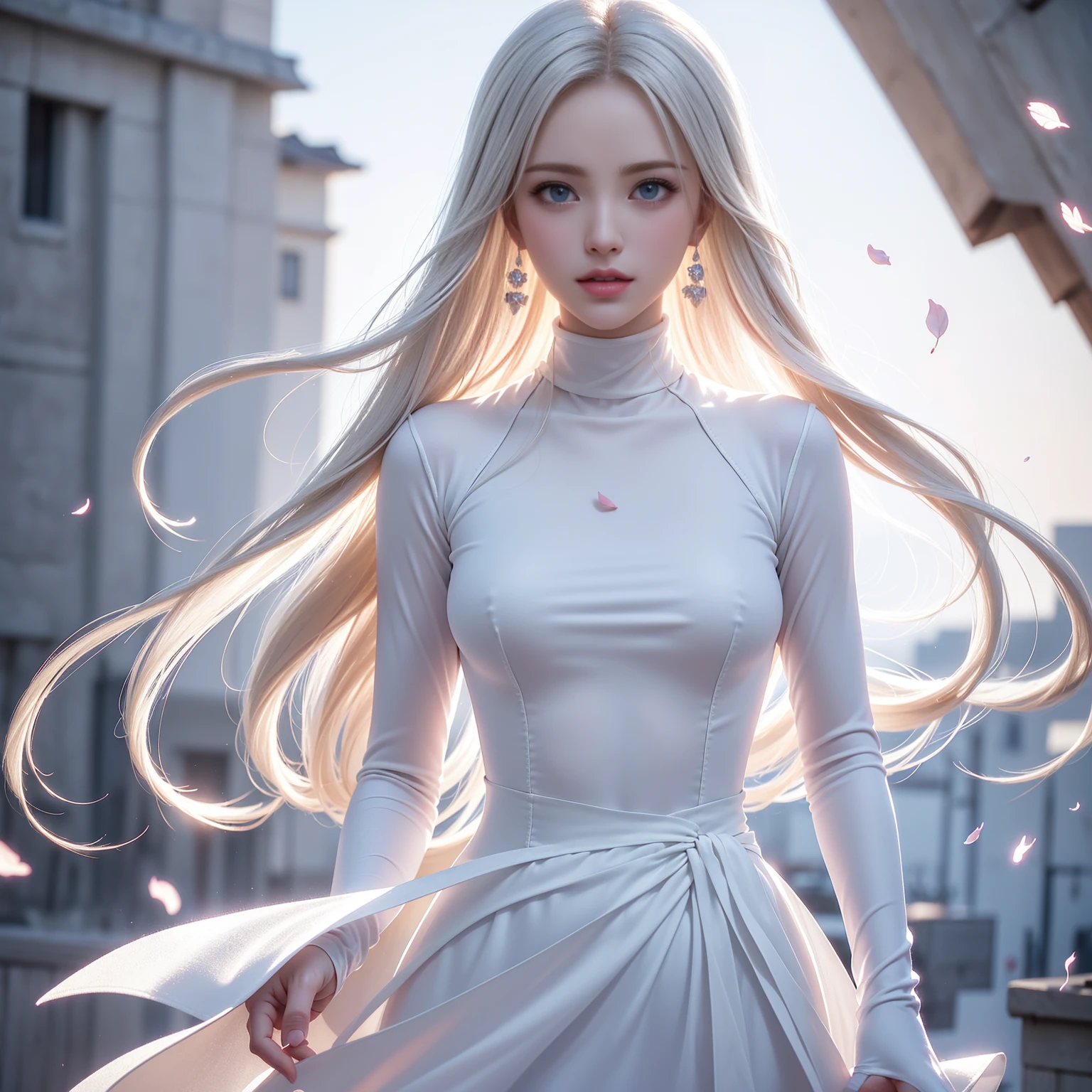 ((Full body image))((Representative works:1.5、8K、Portrait、Photo-realistic and very detailed CG、Very detailed、Particle Effects、Dynamic Effects、Written boundary depth、Cinematic Light、Lens flare、Ray Tracing、Tabletop、Realistic:1.4、Super A high resolution:1.2、Realistic、Realistic))((alone、,Woman in turtleneck dress:1.4、Model-like pose:、Side bust、Ample breasts、Detailed face、Bright expression、Young、Bright、White skin、Great looks、Ultimate beauty、shiny white hair:1.8、Bright shiny hair、Super long、Silky straight hair、Hair swaying in the wind))(Transparent flowers々Surrounded by、White background、The background is wonderful、Thin petals flutter down)