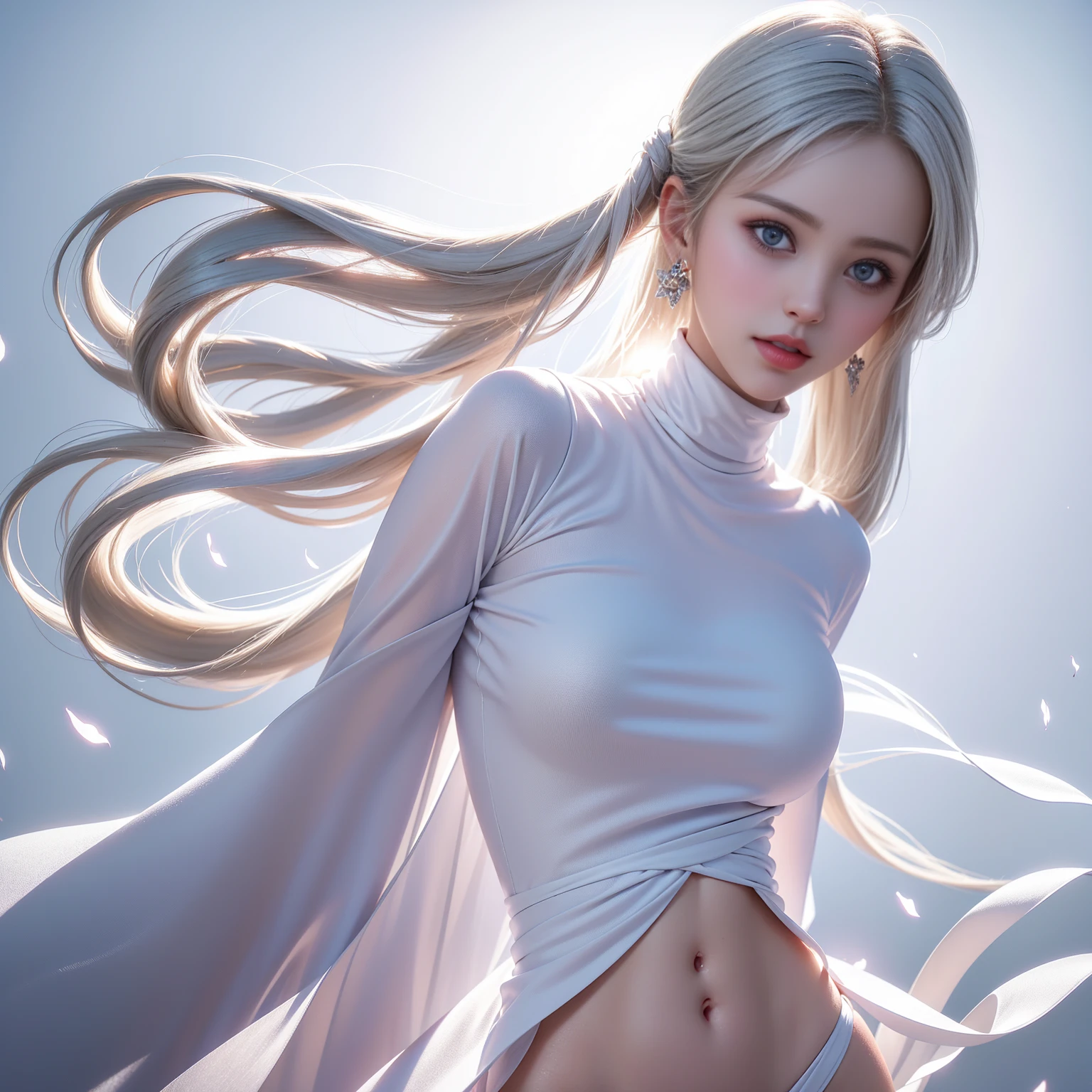 ((Full body image))((Representative works:1.5、8K、Portrait、Photo-realistic and very detailed CG、Very detailed、Particle Effects、Dynamic Effects、Written boundary depth、Cinematic Light、Lens flare、Ray Tracing、Tabletop、Realistic:1.4、Super A high resolution:1.2、Realistic、Realistic))((alone、,Woman in turtleneck dress:1.4、Model-like pose:、Side bust、Ample breasts、Detailed face、Bright expression、Young、Bright、White skin、Great looks、Ultimate beauty、shiny white hair:1.8、Bright shiny hair、Super long、Silky straight hair、Hair swaying in the wind))(Transparent flowers々Surrounded by、White background、The background is wonderful、Thin petals flutter down)