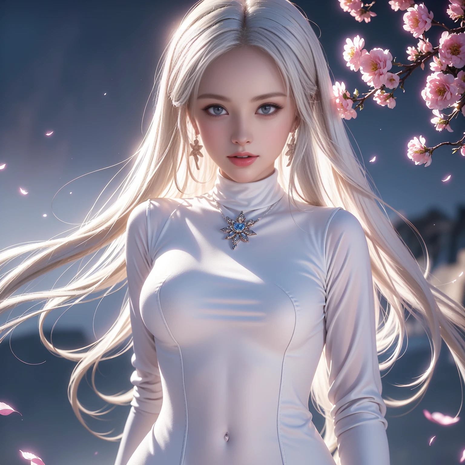 ((Full body image))((Representative works:1.5、8K、Portrait、Photo-realistic and very detailed CG、Very detailed、Particle Effects、Dynamic Effects、Written boundary depth、Cinematic Light、Lens flare、Ray Tracing、Tabletop、Realistic:1.4、Super A high resolution:1.2、Realistic、Realistic))((alone、,Woman in turtleneck dress:1.4、Model-like pose:、Side bust、Ample breasts、Detailed face、Bright expression、Young、Bright、White skin、Great looks、Ultimate beauty、shiny white hair:1.8、Bright shiny hair、Super long、Silky straight hair、Hair swaying in the wind))(Transparent flowers々Surrounded by、White background、The background is wonderful、Thin petals flutter down)