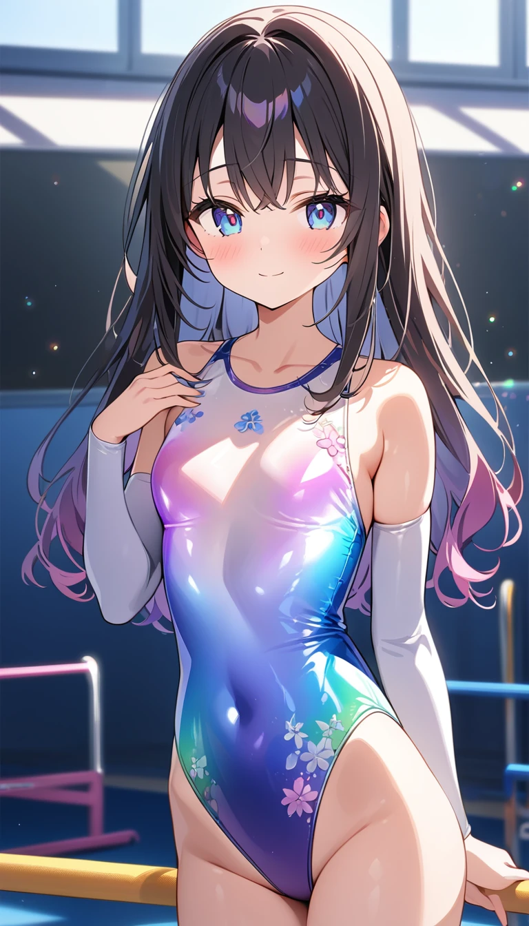 highquality illustration, masterpiece, very delicate and beautiful, attractive girl,(gymnastics leotard, Floral patterns leotard,long sleeve leotard with glittery decoration,high_leg leotard,athletic leotard,tight-fit leotard,iridescent gradient leotard),thin,slender body,slim,high school,gymnasium background,gymnastics club,gymnastics athlete,princess, beautiful eyes,light smile,(masterpiece, best quality:1.2), highres, extremely detailed CG unity 8k wallpaper, perfect lighting, Colourful, ultra-high res,4K,ultra-detailed, photography, 8K, HDR, 17 ages,