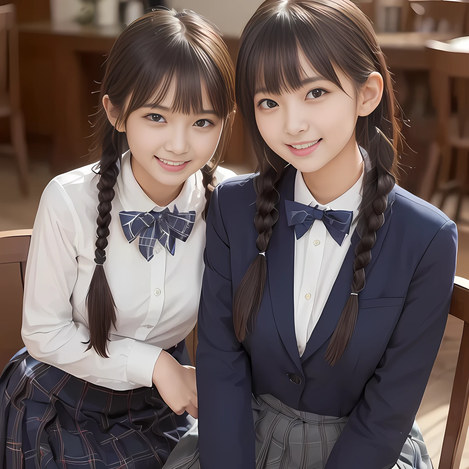 (highest quality, masterpiece:1.2), highest quality, High resolution, 1080P, 8K, Height: 158cm, ((Like a beautiful girl in my dreams、A very intelligent, very noble, pretty and pure beautiful girl.、With the best smile、Looking at the audience、Hands over their mouths, Realistic fashion model photos)), A face that everyone loves, ((((A plump, white, round face)))), Glossy lips, Even bangs, ((Very beautiful dark eyes)), The very large red shiny wide ribbon bowtie is very cute., ((Black Hair)), ((long twin braids)), (((A long, neat, dark navy blue checked pleated skirt))), (((Dark blue winter long sleeve blazer))), How to wear a neat uniform, Very lustrous, glossy lips, Open hand over open mouth, Ribbon in hair, slender, The ribbon is big and very pretty., Beautiful hair like a hair model, Long skirt, Watching the viewer and laughing, ((Incredibly beautiful face))